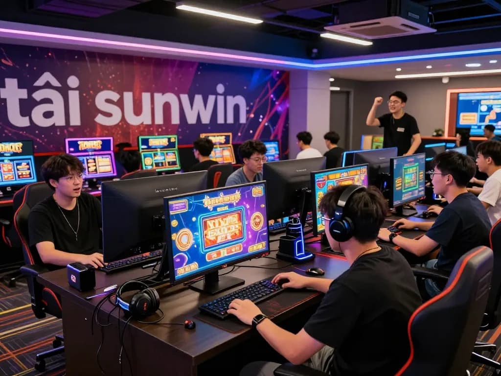 Vibrant gaming scene showcasing players downloading tải sunwin in an exciting online casino atmosphere with colorful graphics and gaming gear.
