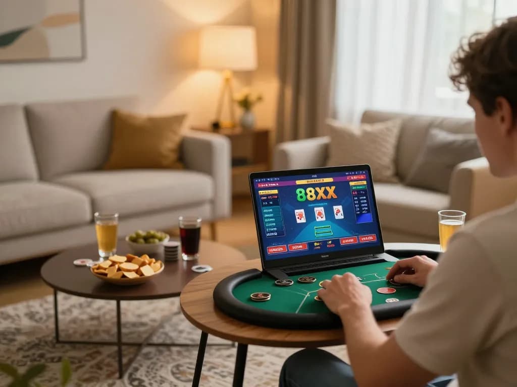 Engaged player strategizing in an 88xx online poker game, cozy home atmosphere