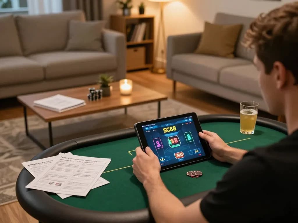Player enjoying SC88 online poker on a tablet in cozy living room.