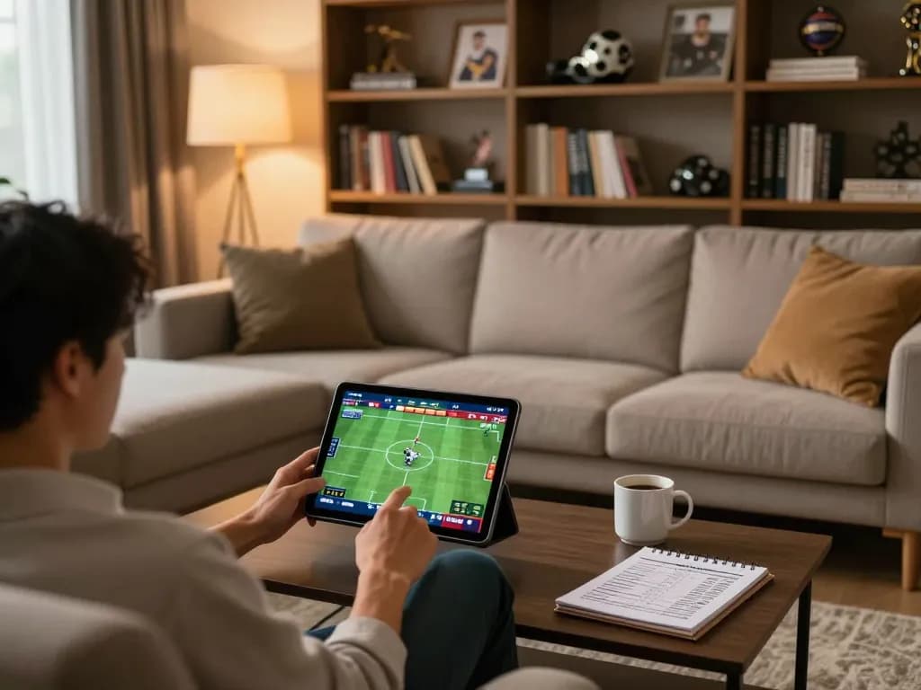 Cakhia user engaging in online sports betting on tablet in a cozy living room