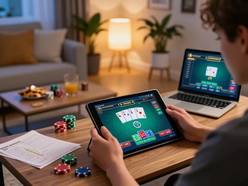 Engaging in online gambling with a direct link to Mega888 APK on a tablet in a cozy home environment.