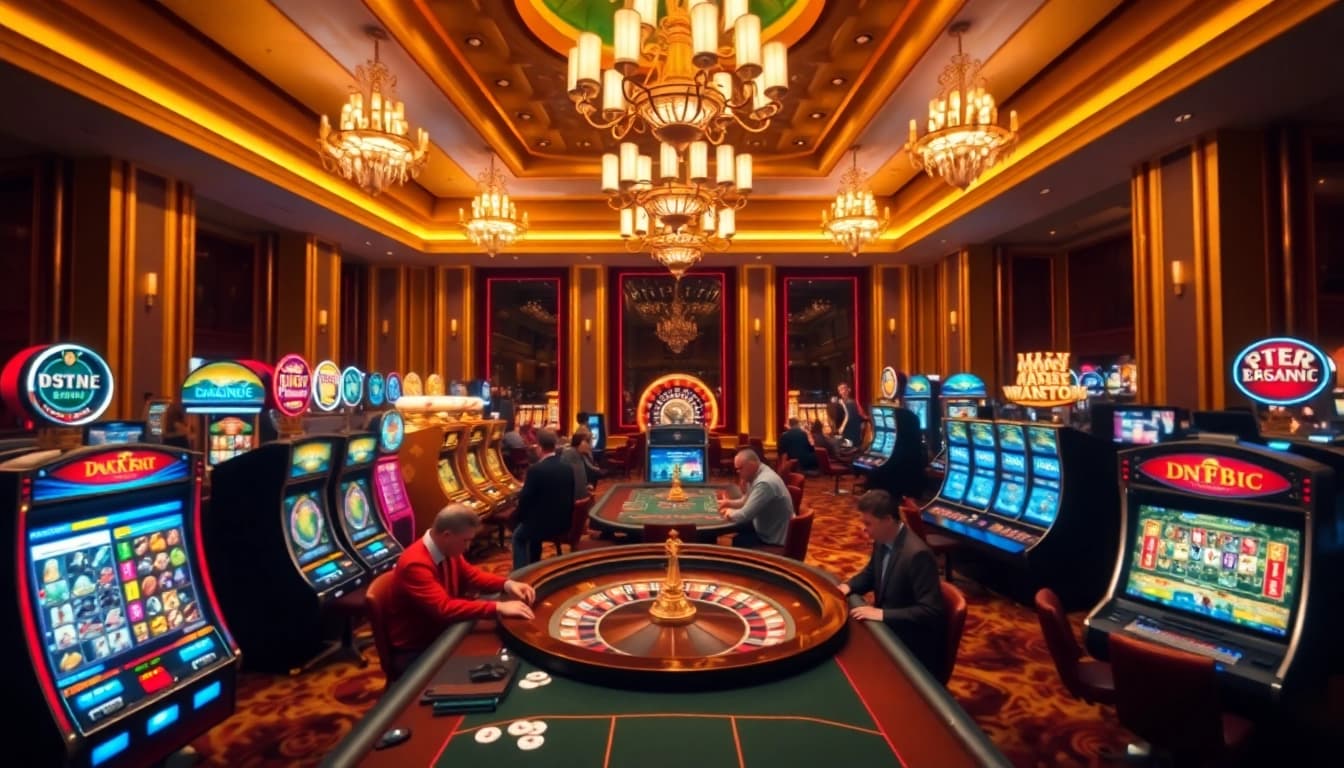 Players enjoying high-stakes poker at dn88 com, surrounded by vibrant casino decor and slot machines.