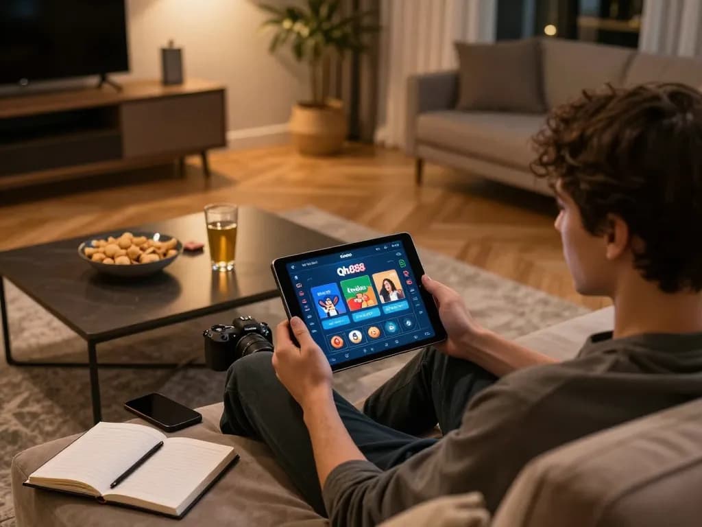 Player enjoying an engaging experience on Qh888 app in a cozy home setup with stylish decor.