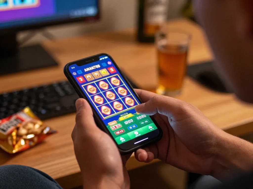 Seorang pemain menikmati pengalaman kasino online aman788 di smartphone di rumah.