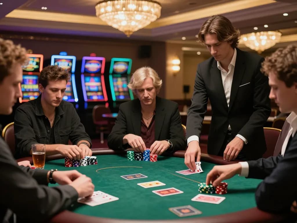 Neng4D players strategizing during a high-stakes poker game with colorful chips.