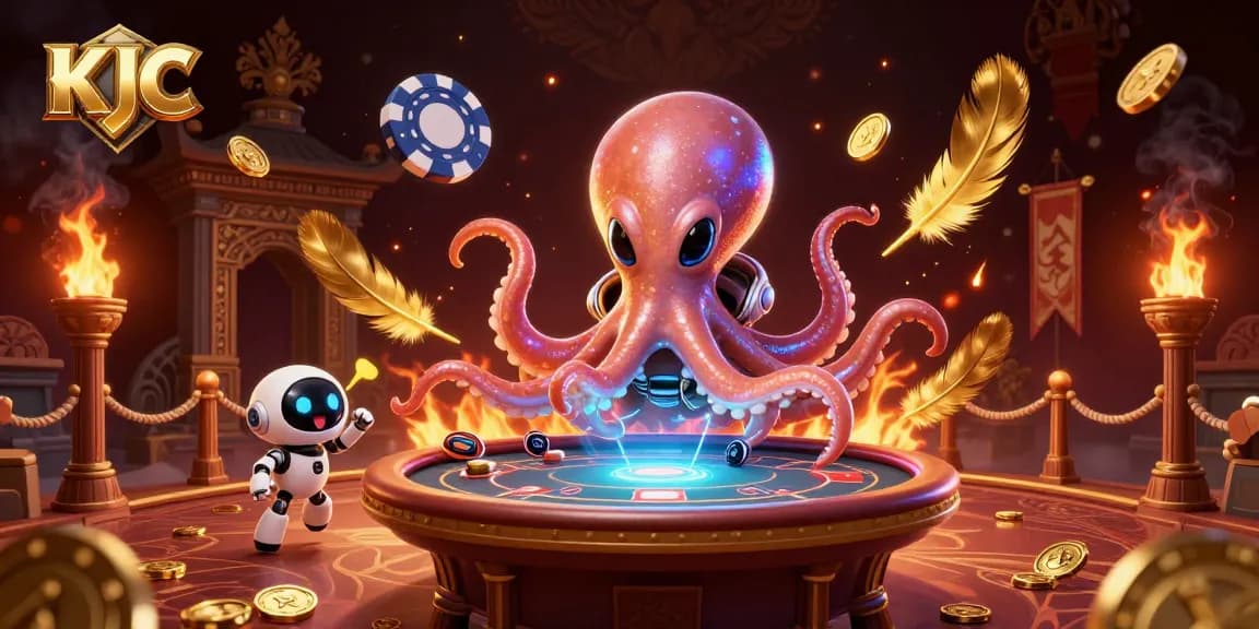 KJC features an alien octopus engaging with a holographic poker table amidst a dynamic casino scene.