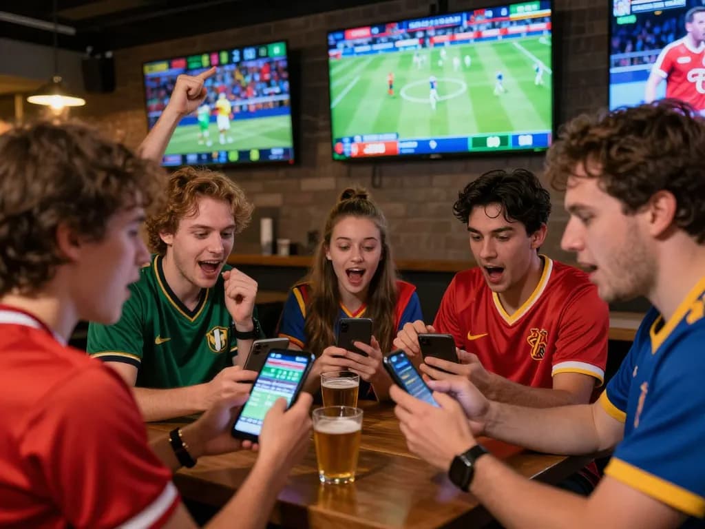 Friends engaging in cược thể thao while watching live sports events on multiple screens