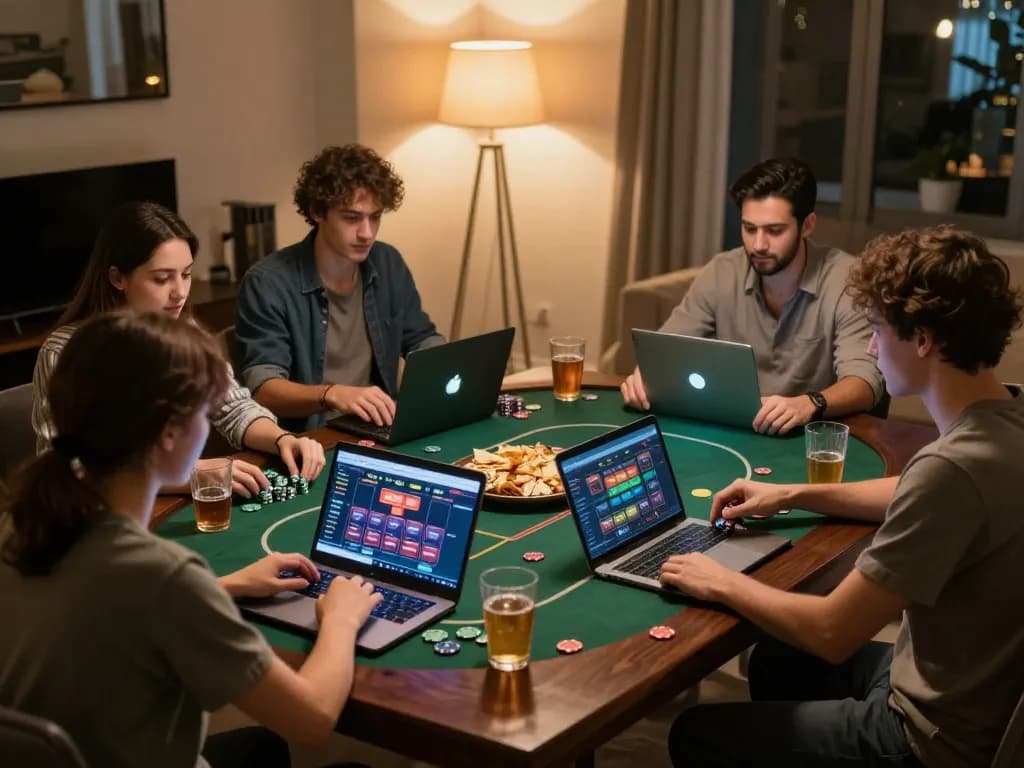 Friends engaged in online usa casinos poker game in a cozy home setting.