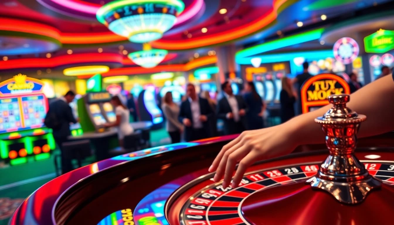Engaging casino scene with players around AT99 roulette tables, vibrant atmosphere.