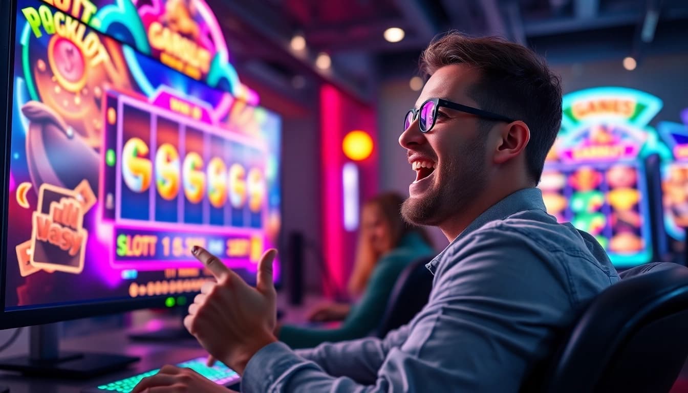 Menampilkan pemain yang terlibat dalam garasislot dengan antusias di lingkungan gaming modern.