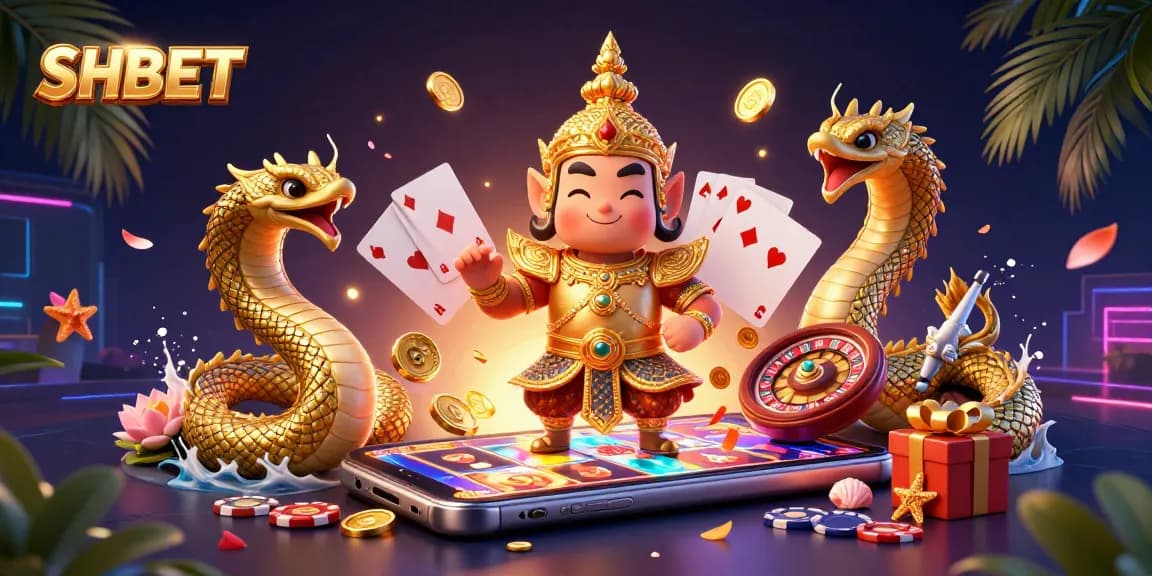 SHBET engages players with dynamic gaming elements in this vibrant casino scene featuring a guardian and Naga companions.