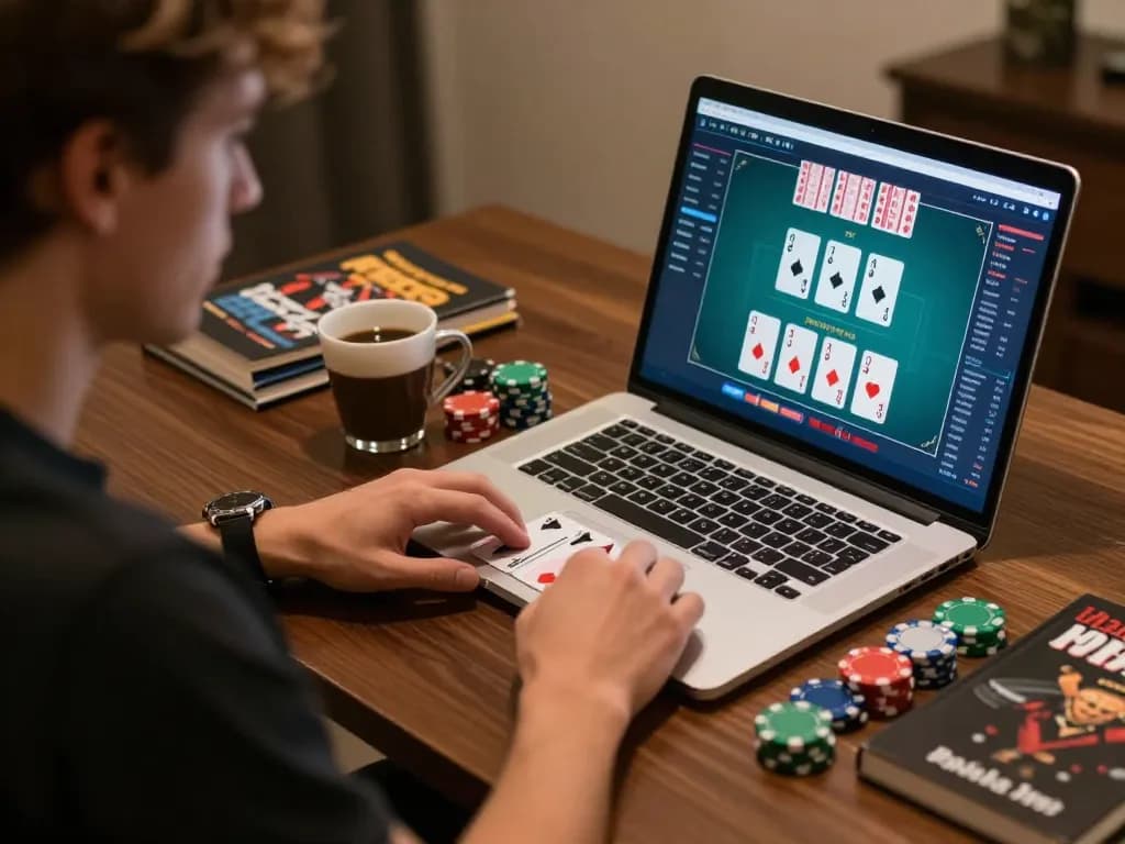 A player engaging in online poker on their laptop, highlighting 88aa gaming strategies.