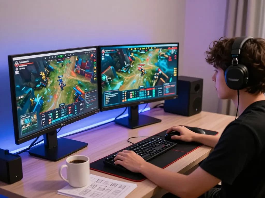 Esport betting singapore scene with a person analyzing odds on multiple screens during an intense gaming session.
