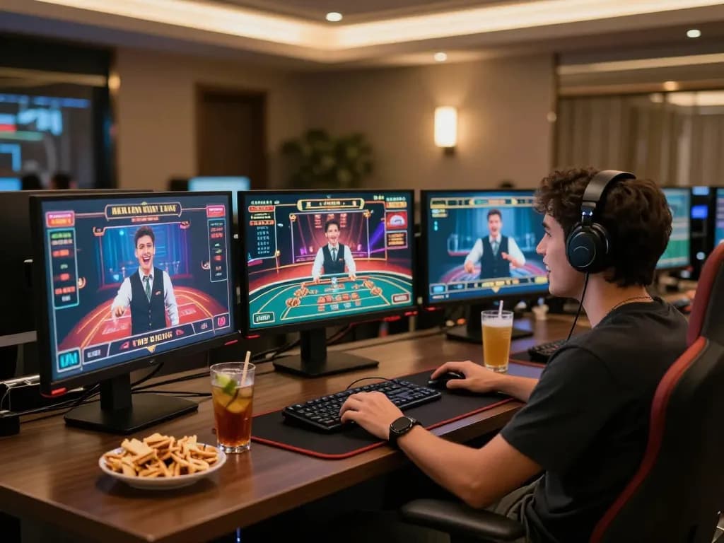 Engaged player at 888newcasino enjoying live dealer game on multiple monitors with snacks nearby.