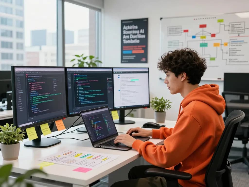 Innovative tech workspace showcasing juicy ai development with dual monitors and a creative coder in action.