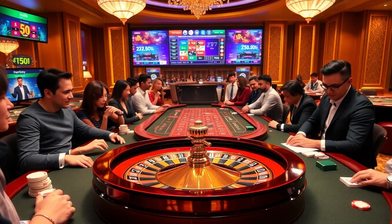 Experience the thrill of Super59 daftar with an elegant casino scene showcasing high-stakes gameplay.