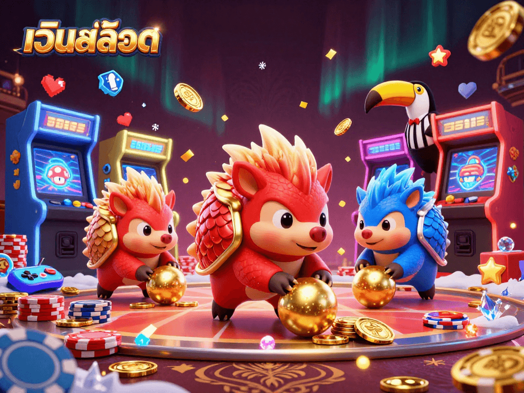 Spin and win at เว็บสล็อต with lively pangolins competing in a colorful casino-themed scene.