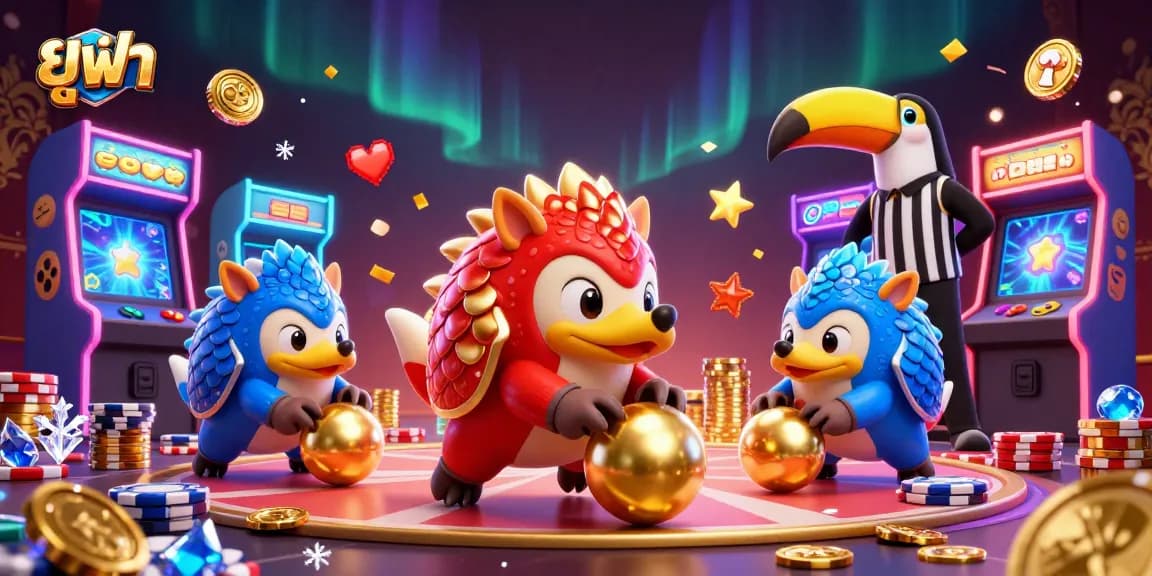 Engage with ยูฟ่า as rival pangolins roll through poker chips and arcade machines, creating casino excitement.