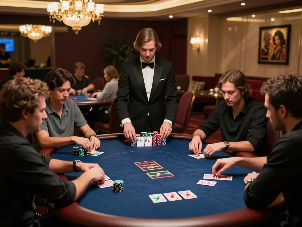 Para pemain king777 menikmati permainan strategis di ruang poker mewah dengan chip dan kartu premium terlihat.