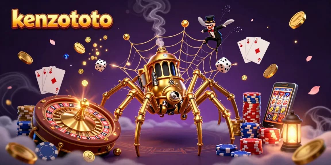 Kenzototo captures thrilling online gambling excitement with golden coins and winning poker elements.