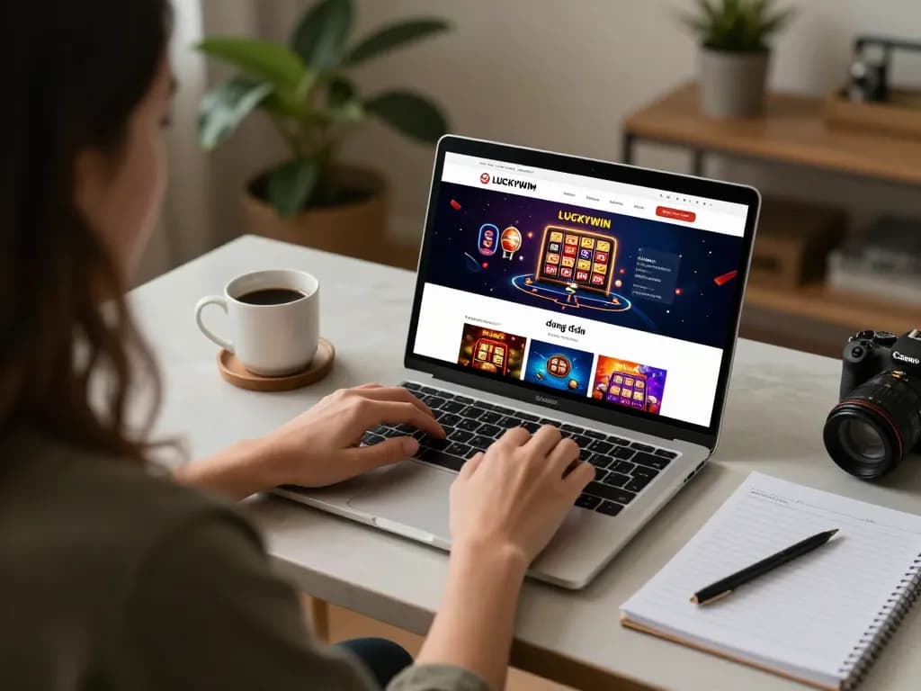 Logging into đăng nhập LUCKYWIN on a laptop at a cozy home desk with casino interface visible.
