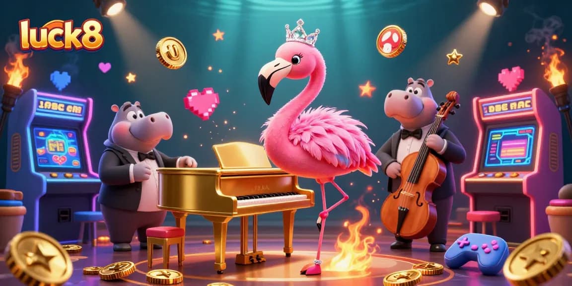 Experience the excitement of luck8 casino with flamingo singer and hippo bassist in vibrant 3D illustration.
