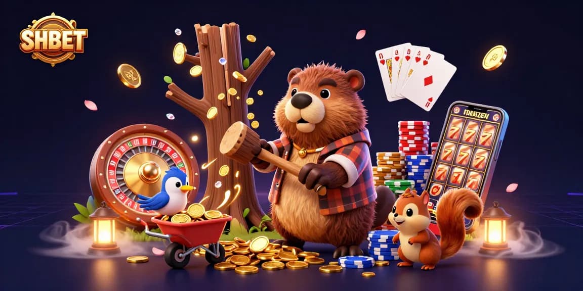 Experience excitement at SHBET with a cartoon beaver and friends celebrating wins in a dynamic casino setting.