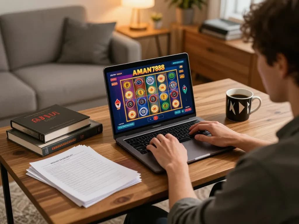 Pemain terlibat di rumah menikmati slot AMAN788 di laptop dengan catatan strategi di dekatnya