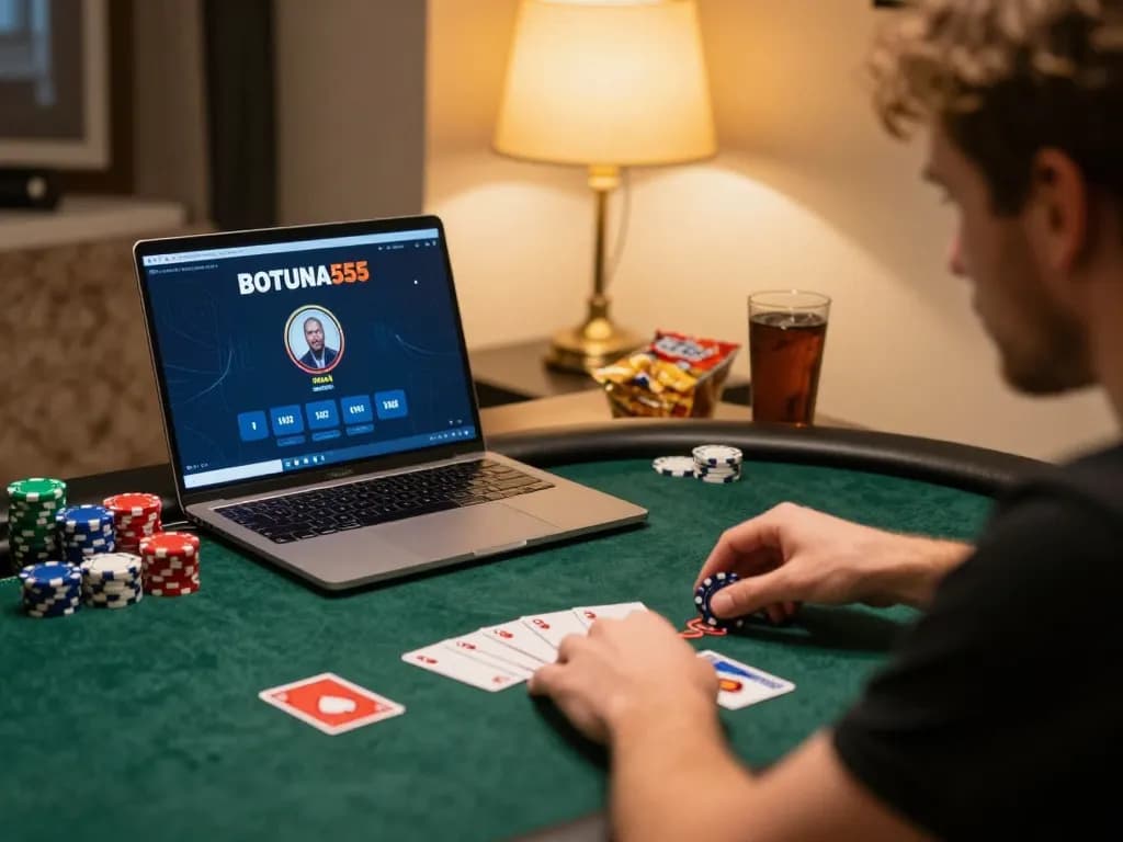 Engaged player strategizing in online poker while using BOTUNA555 app for better odds