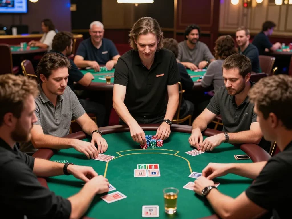 Players enjoying a thrilling game of poker at a bustling casino, discovering strategies in B sport.