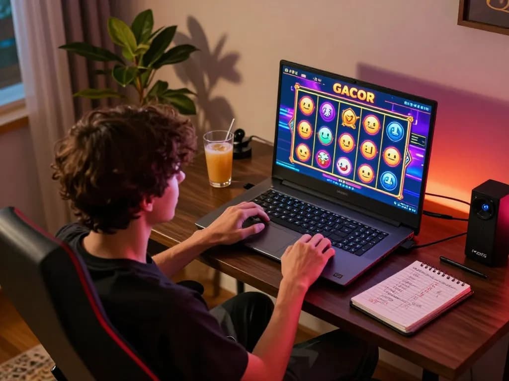 Engaging in a slot gacor game on a laptop, showcasing a vibrant online gambling atmosphere.