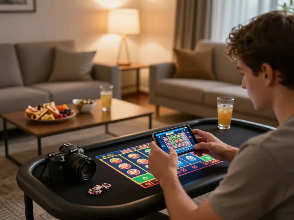 Engage with kkwin bet slots on a smartphone in a cozy home gaming setup.