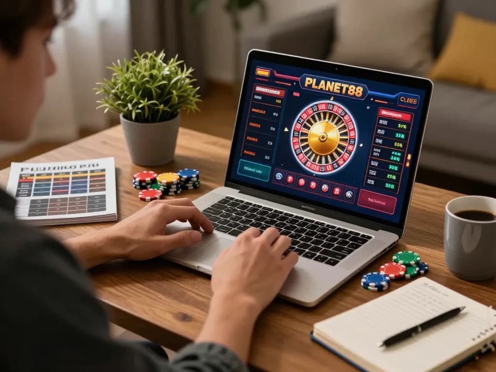 Engage with thrilling gameplay on PLANET88 roulette at home using a laptop with strategic notes.