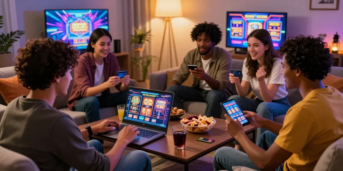 Friends enjoying slots that accept credit cards in a cozy gaming setting, filled with excitement and snacks.