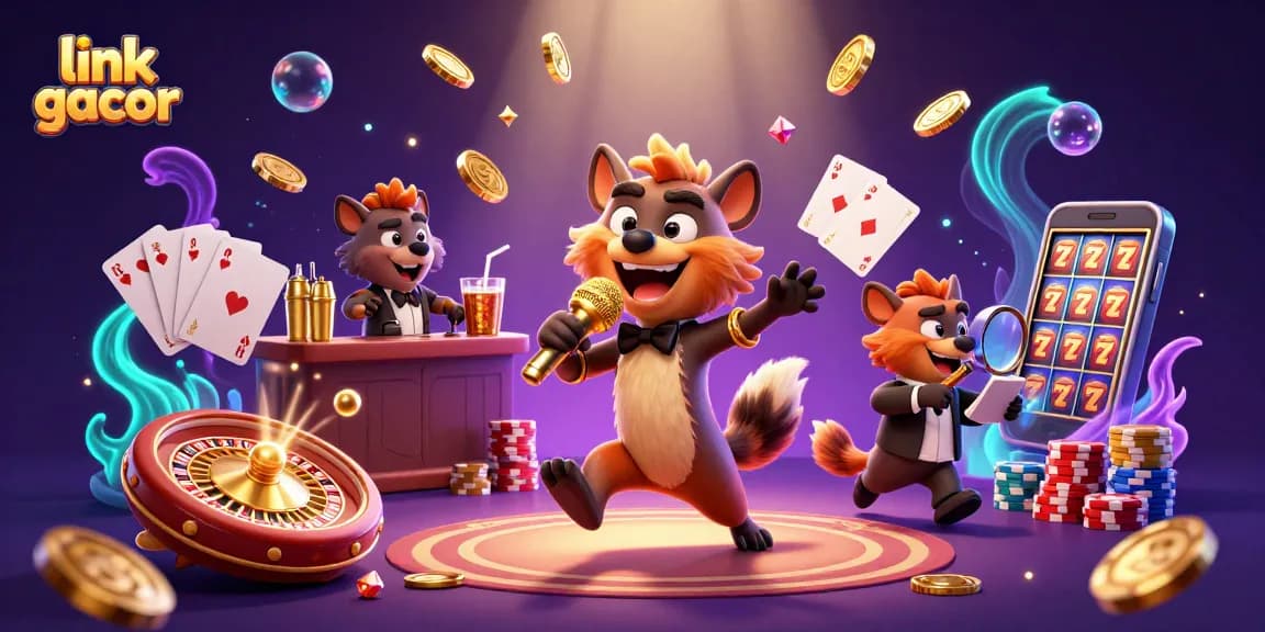 Experience link gacor in a vibrant casino scene filled with hyenas enjoying games and laughter.