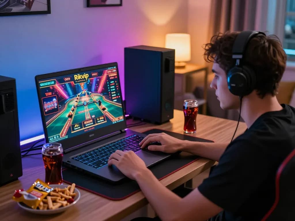 Playing thrilling online casino games on Rikvip with snacks and drinks in a cozy gaming setup.