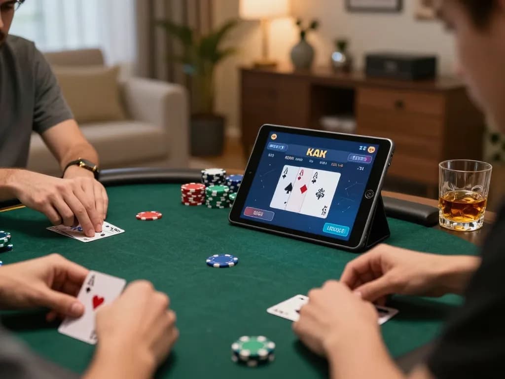 Engaging Sunwin online poker game on tablet with colorful chips and cards, cozy home setting