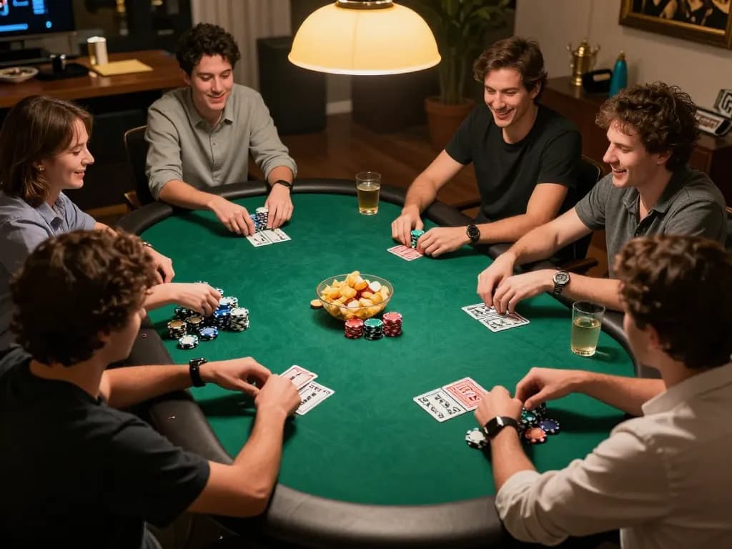 Engaged players enjoying poker at 123bmvp, focused on cards with chips stacked, cozy home atmosphere.