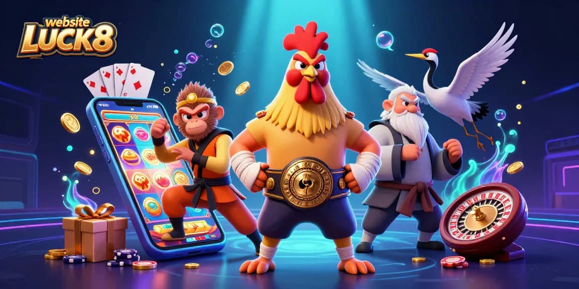 Engage with exciting games at website LUCK8, illustrated through vibrant casino-themed characters and games.