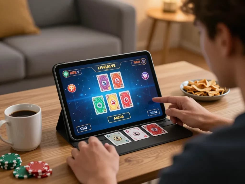 Engaging player at home using rikvip app for live dealer gaming, showcasing excitement and strategy
