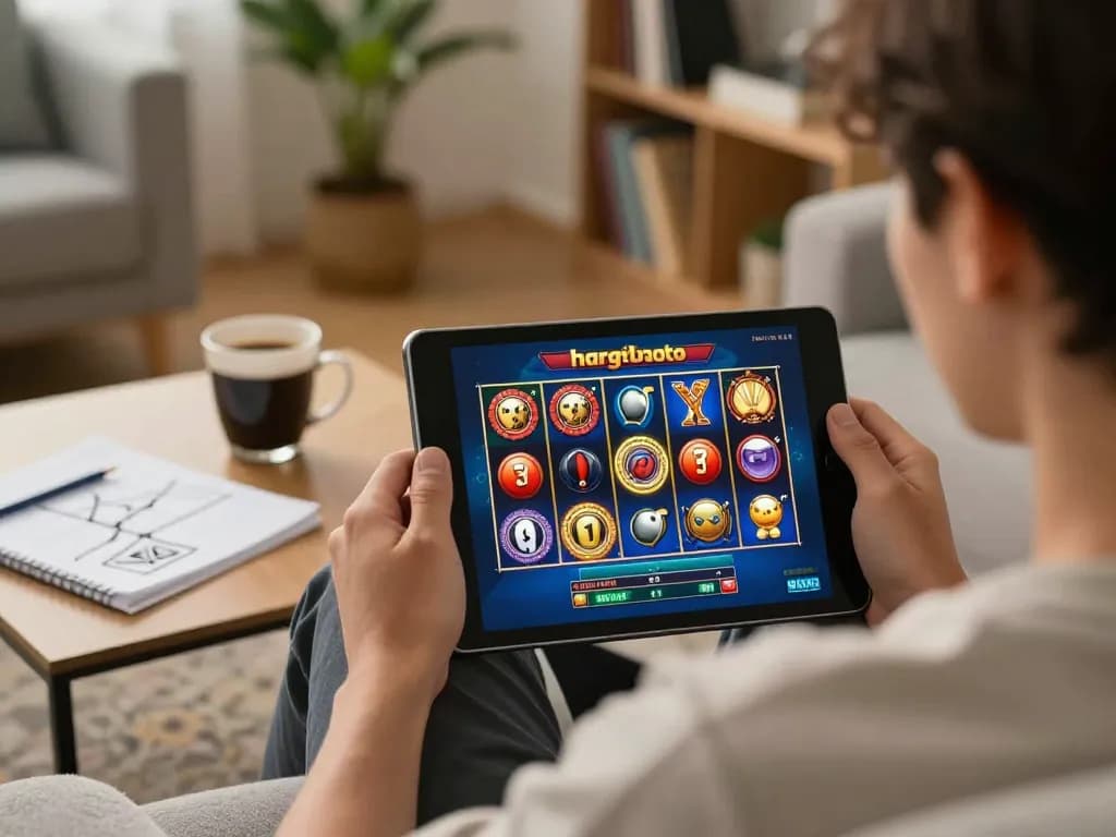 Terlibat dalam permainan slot hargatoto di tablet di rumah dengan dekorasi yang nyaman dan catatan strategi.