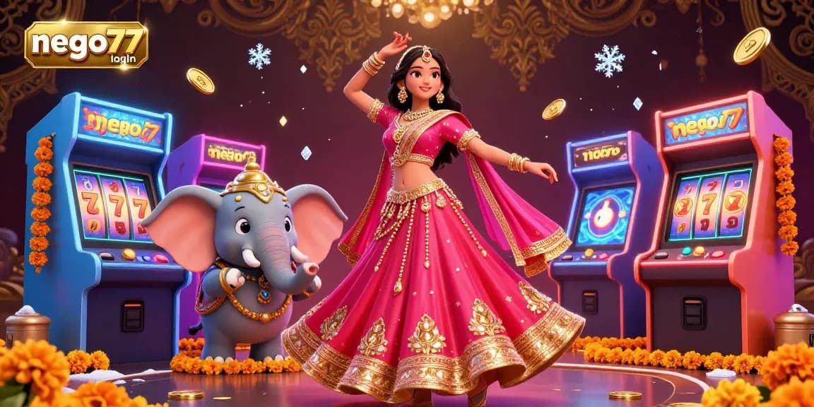Engage in thrilling gameplay with nego77 login, featuring a vibrant scene of an Asian woman celebrating amidst dynamic casino elements.