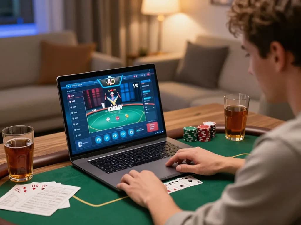 Player enjoying a poker game on fabet platform with drinks and strategy notes nearby