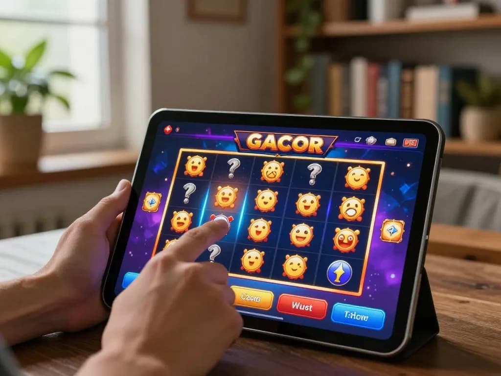 Player engaging with slot gacor games on tablet in cozy home setting.