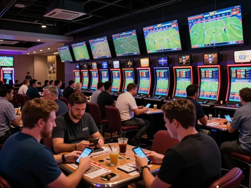 Betting excitement at a sports lounge where tylebongda enthusiasts analyze games and place bets.