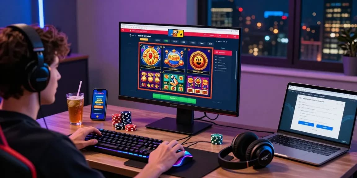 Enthusiastic player engaging with credit card casinos at https://dea.org.uk, showcasing vibrant gaming setup with exciting slot games and bonuses.