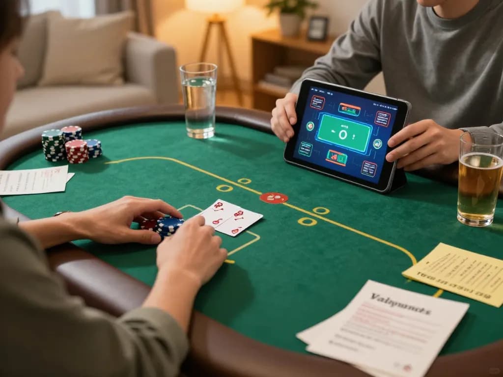 Engaging in poker with a tablet at home, navigating online strategies on amigogrillandco platform.