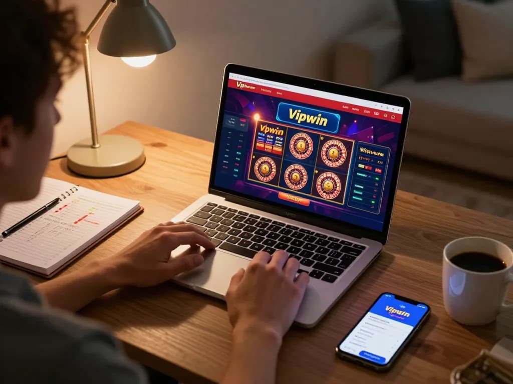 Enjoy online casino gaming at Vipwin with a cozy home setup featuring vibrant games on display.