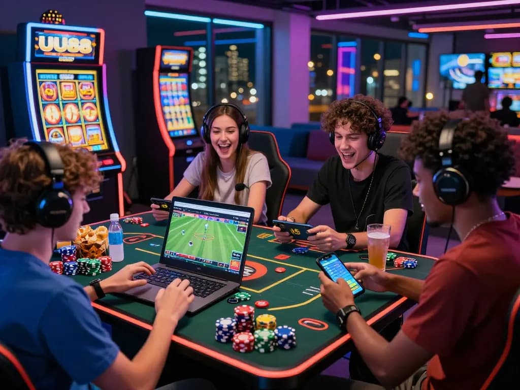 UU88 online gaming session showcasing players engaged in sports betting and slot gaming in a vibrant lounge.