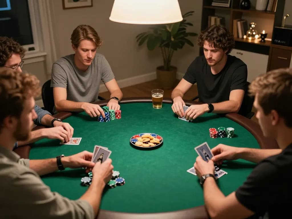 Pemain Aman788 terlibat dalam malam permainan poker strategis di rumah, menampilkan chip dan kartu yang sedang dimainkan.